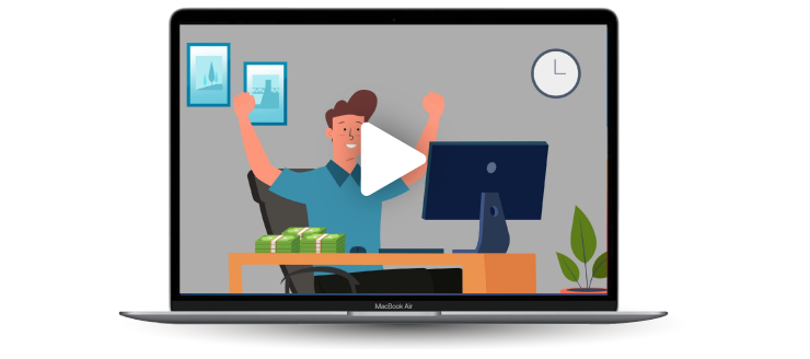 Cartoon image of guy celebrating looking at his computer screen with a stack of money in front of him